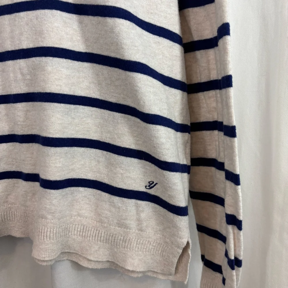 Women's YERSE Beige & Navy Striped Breton Crew Neck Sweater Size L - Picture 3 of 4